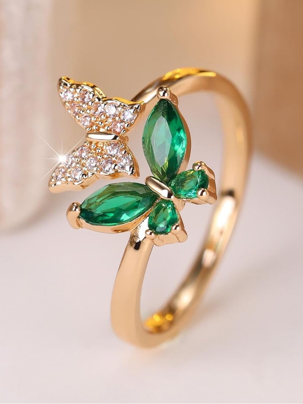 Anthropologie Gold Tone Butterfly Ring with Green Crystals